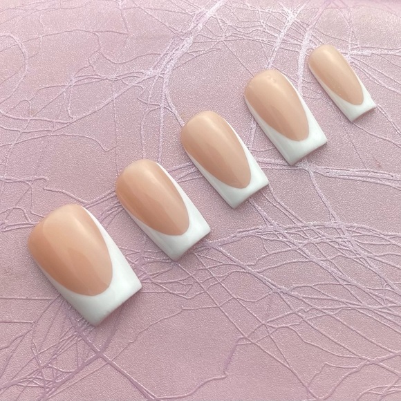 Short square press on nails white French tips nude handmade custom gel - Picture 2 of 3
